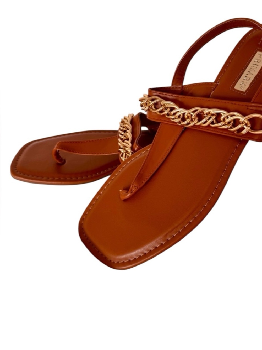 Primark Tan Gold Chain Thong Ankle Strap Flat Sandals Size 9 - Picture 3 of 6